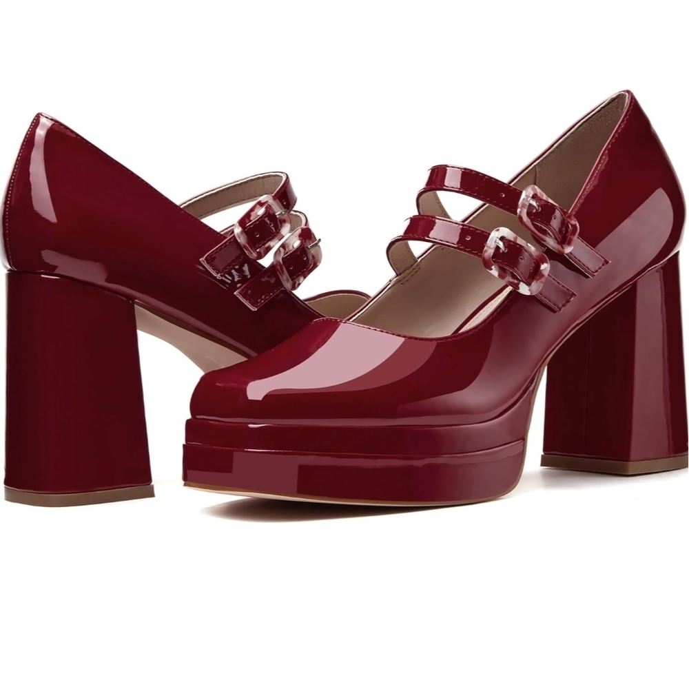 Women's Mary Jane Elegant Burgundy Platform Heels Pumps Retro Chunky 6.5